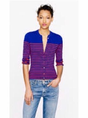 J. Crew Jackie Royal Blue and Red Striped Cardigan with 3/4 Sleeves - Size S